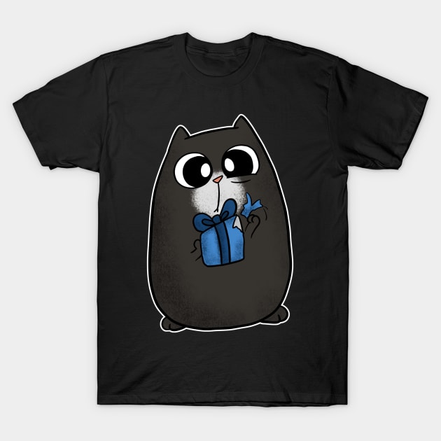 Christmas Cat with Gift Present T-Shirt by Wanderer Bat